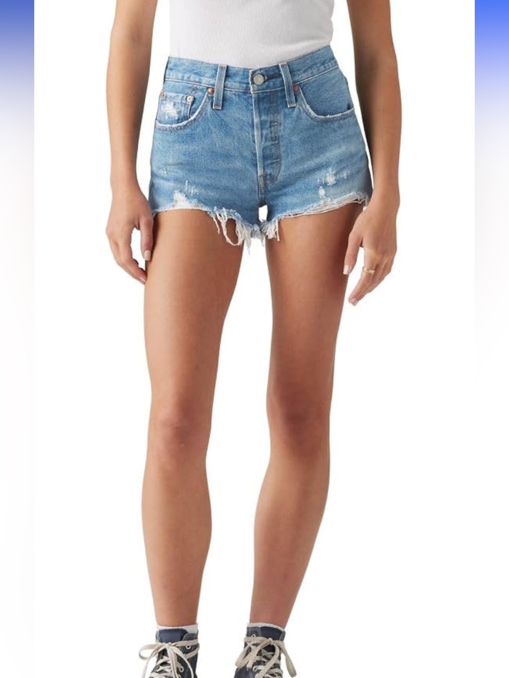 Classic High-Waist Distressed Denim Shorts - Blue